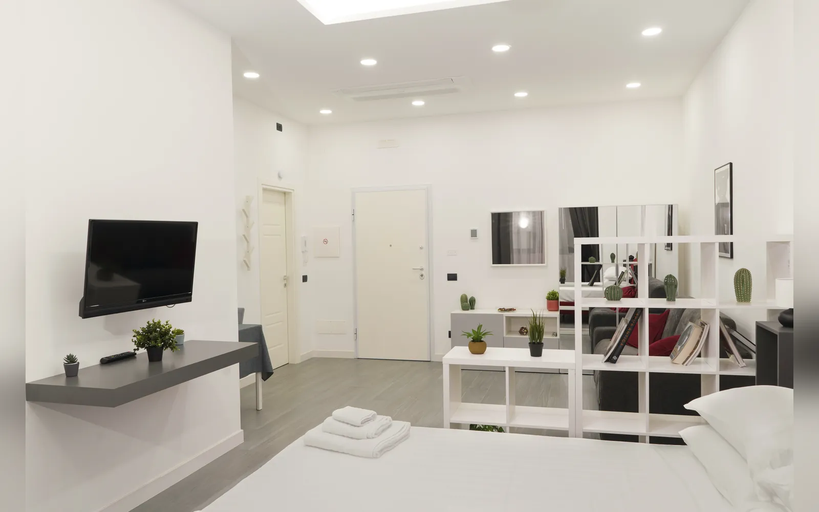La TV a parete, la mensola e l’ingresso del monolocale